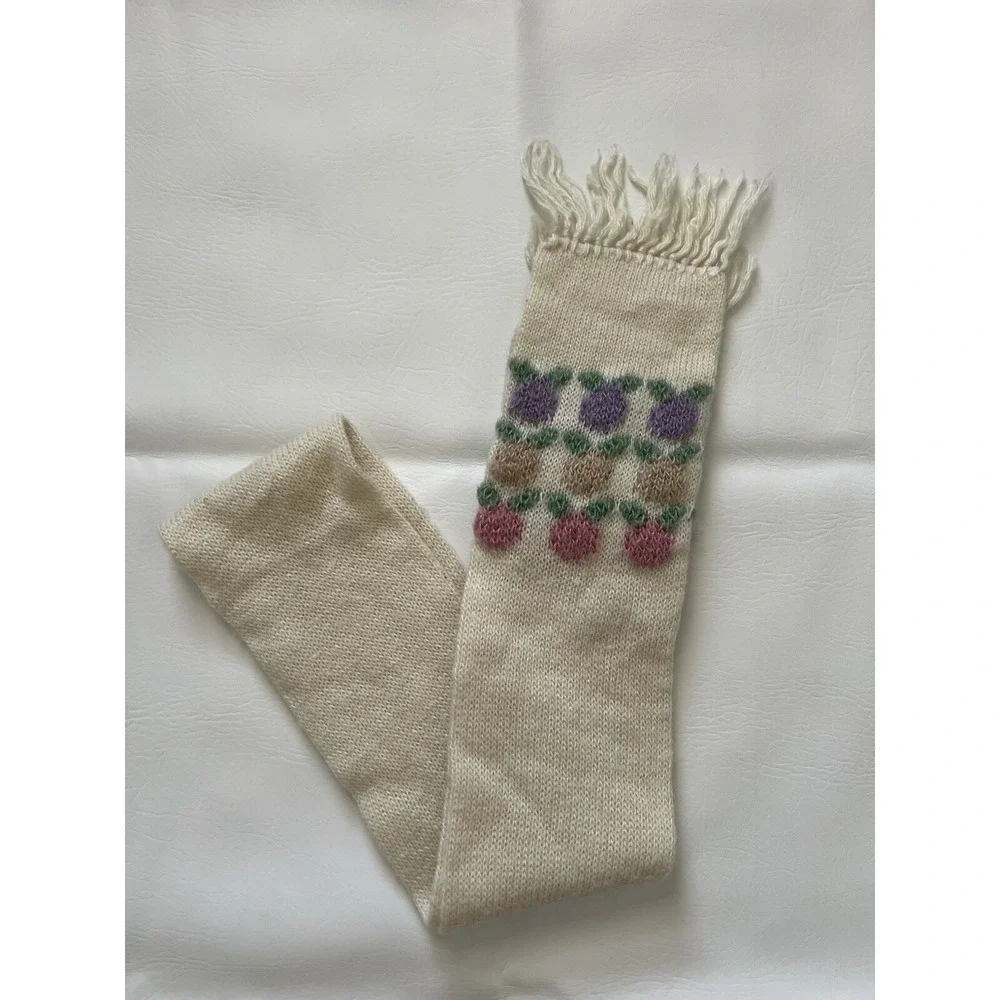 Hansen Vintage Embroidered Knit Scarf Fringe Cottagecore Ivory Boho Cozy Grandma